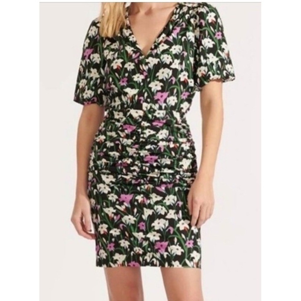 Veronica Beard Janis Ruched Floral‎ Print Mini Dress Puff Sleeves Size 8